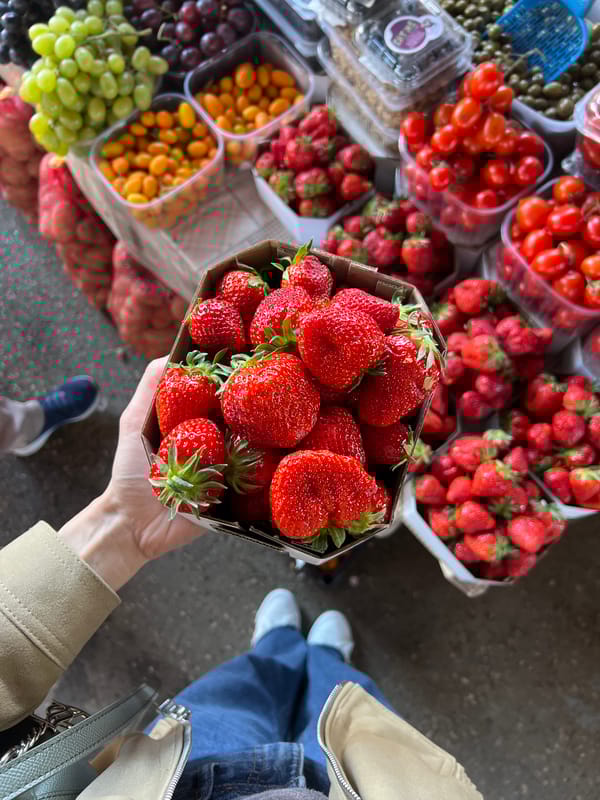 Person displays fresh strawberries at Montenegro market