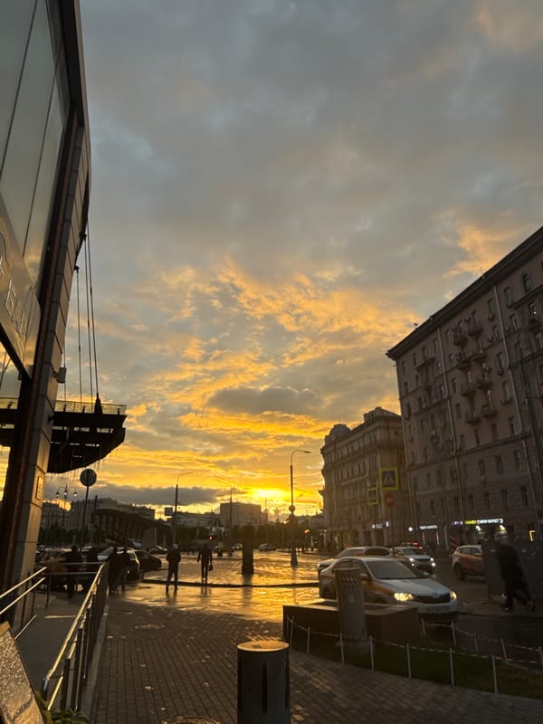 Golden sunset illuminates Moscow streets as evening approaches