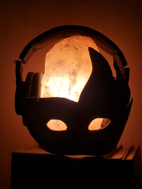 Salt lamp glowing beside headphones and a mask