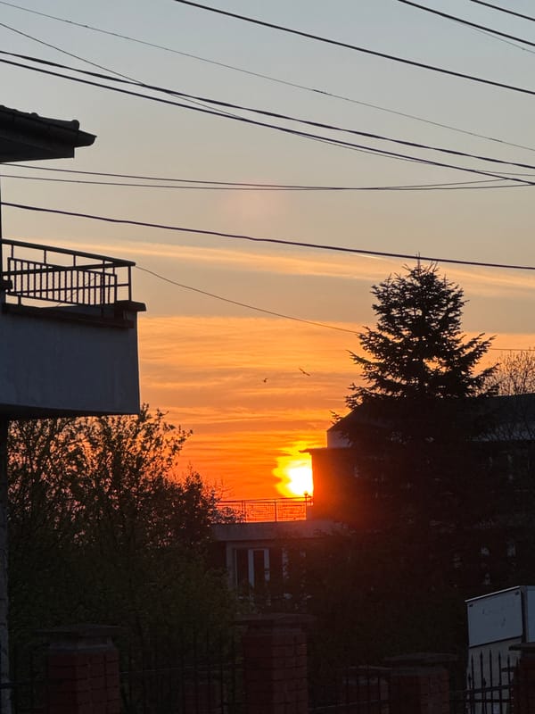 Orange sunset observed through utility lines in Burgas, Bulgaria