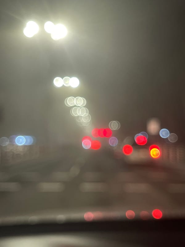 Evening drive through Burgas in foggy conditions
