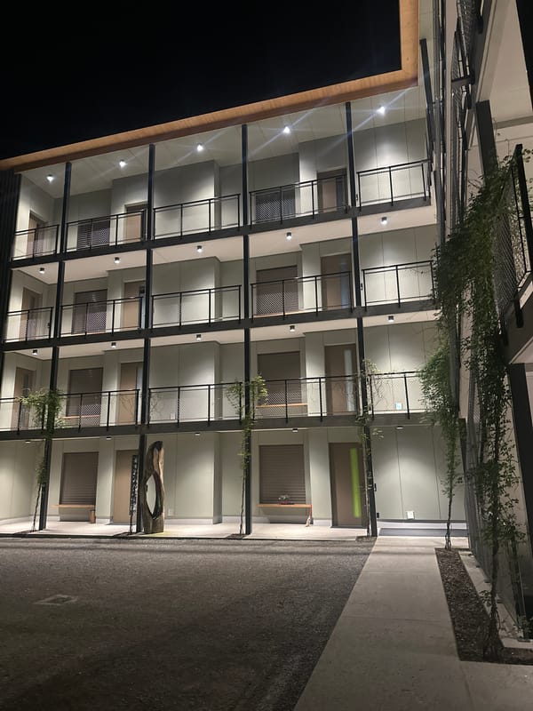 Nighttime view of apartment building in Fehraltorf, Switzerland