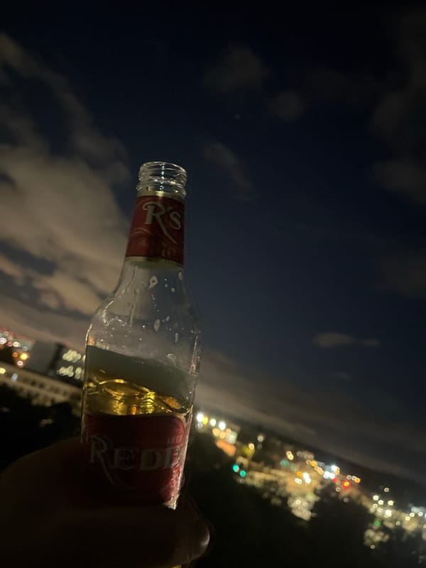 Beer bottle raised against Mytishchi's night skyline