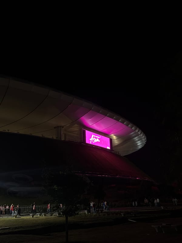 Akron Stadium lit pink during nighttime event in Zapopan