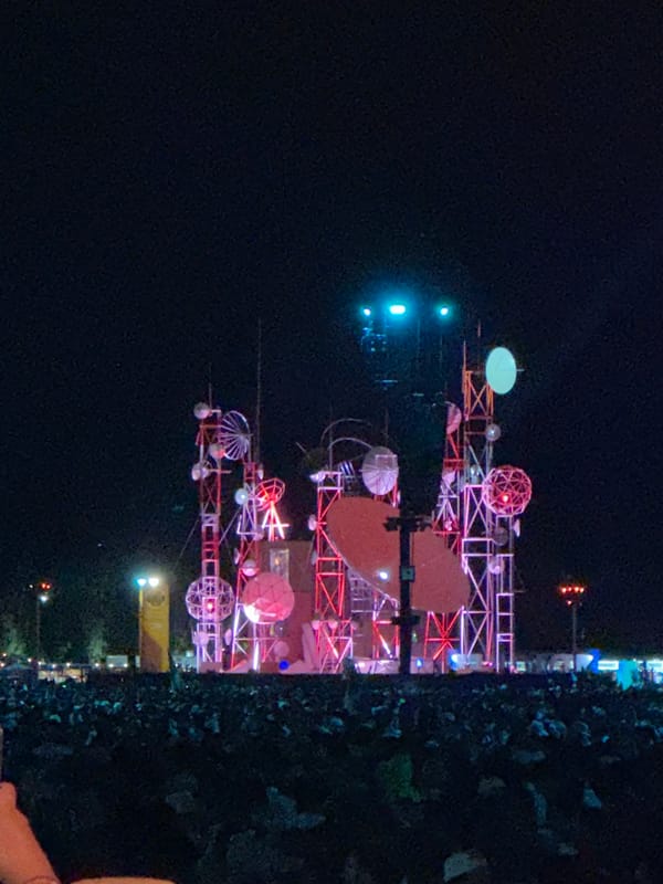 Illuminated temporary structure observed at night in Indio, California