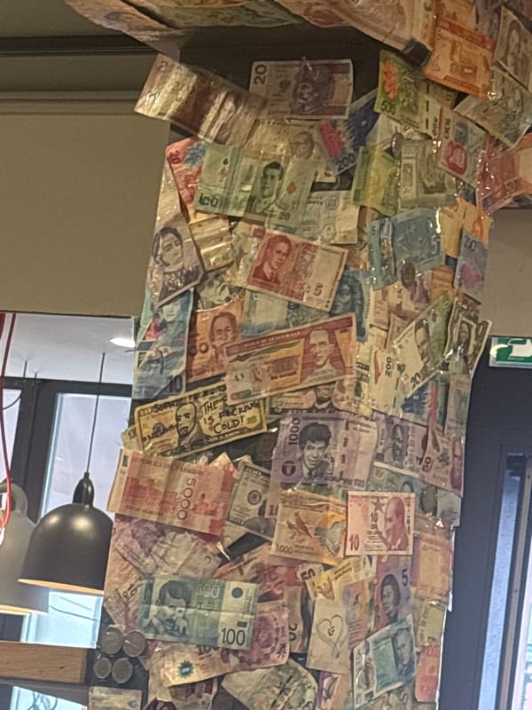 Tourist documents Swiss meal at currency-decorated Zurich restaurant