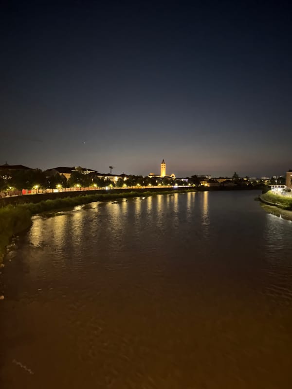 Adige River at night, Ponte Pietra and city lights