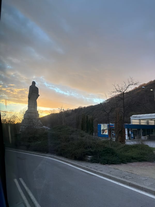 Dawn landscape with statue photographed in Sofia, Bulgaria