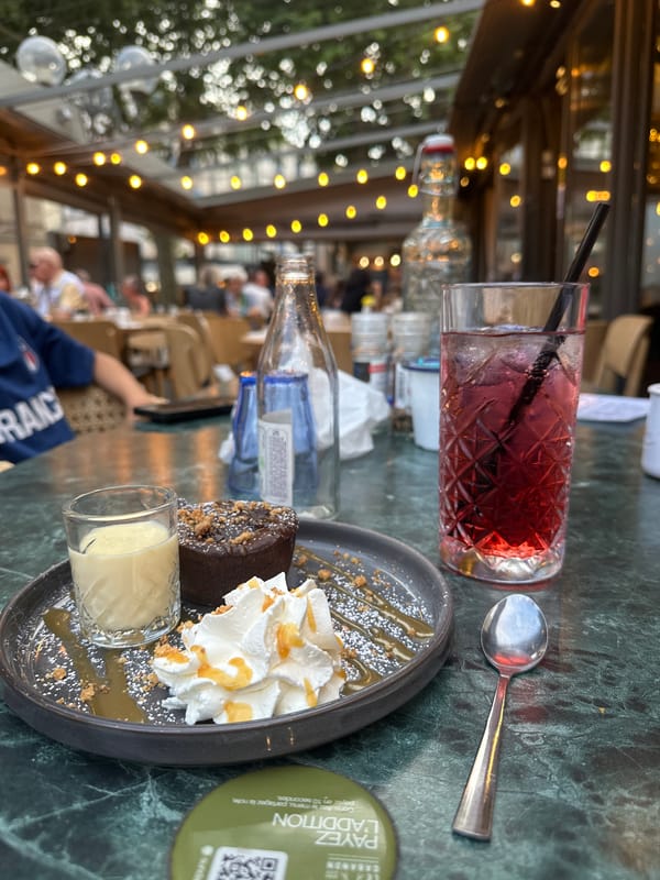 Evening desserts at a lit outdoor café in a European city