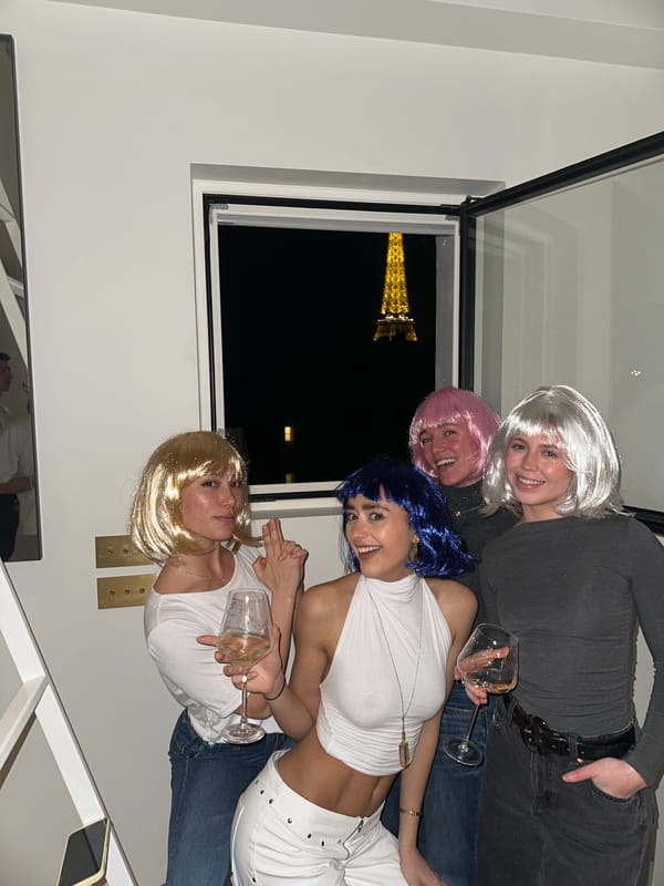 Easter celebration with colorful wigs near Eiffel Tower