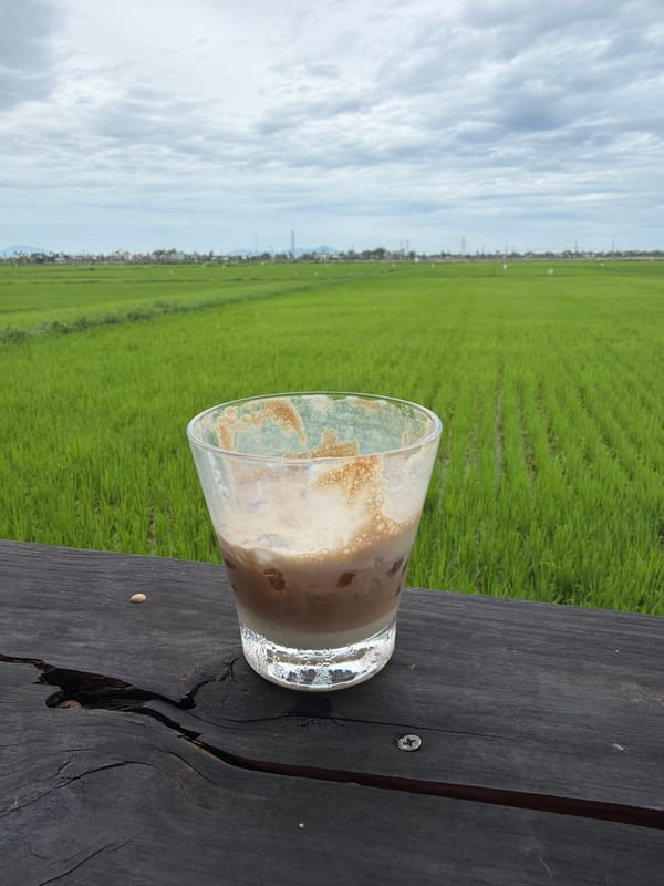 Iced coffee and rice fields at a crumbling Vietnamese ruin