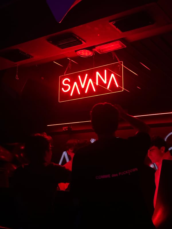Nightclub scene captured in Milan featuring neon signage