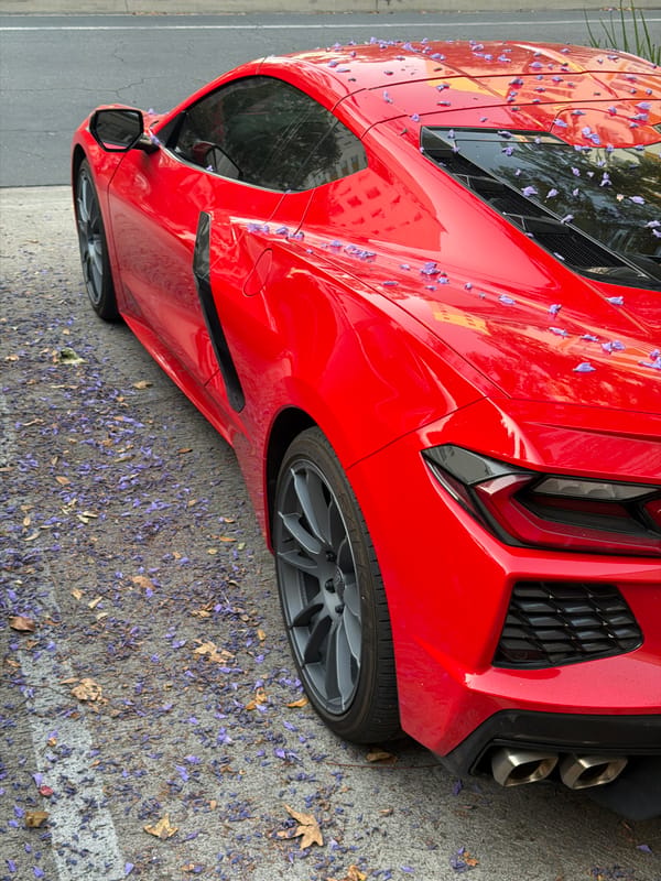 Red Corvette parked on Jacaranda-covered LA street