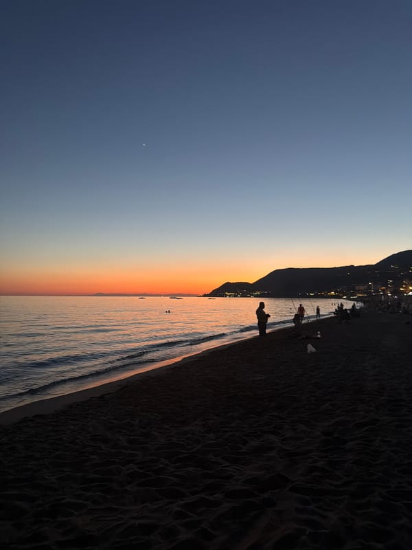 Dusk at the beach: sunset fades, moon rises, town lights appear