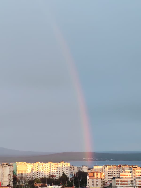 Rainbow appears over Burgas, Bulgaria near coastal area