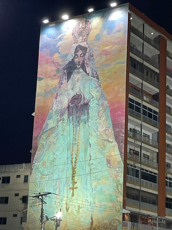 Nighttime religious landmarks documented in Puerto La Cruz, Venezuela