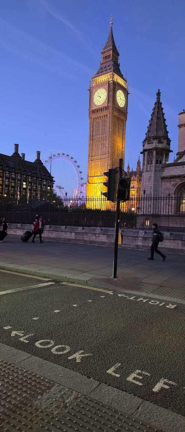 Evening photographs document Westminster landmarks during twilight hours