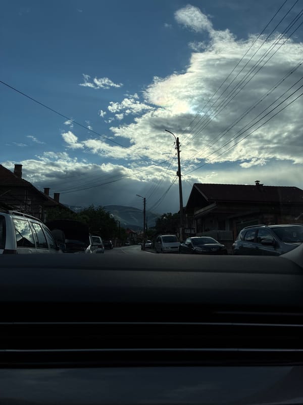 Car window view of residential street in Berkovitsa, Bulgaria