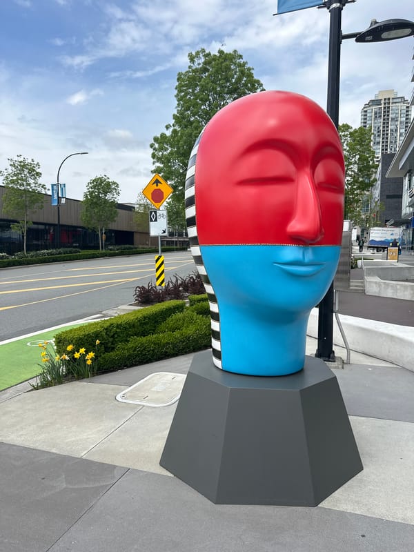 Colorful head sculptures spotted on Burnaby sidewalk