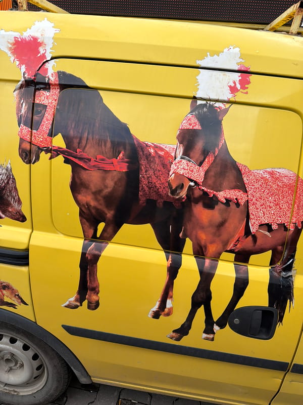 Yellow vehicle with horse graphics spotted in Chirpan, Bulgaria