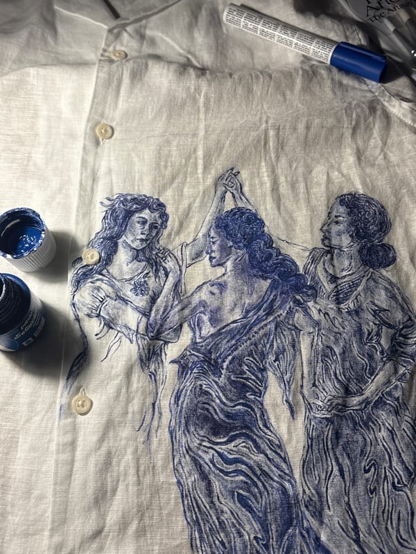 Artist creates Botticelli-inspired drawing on white linen shirt