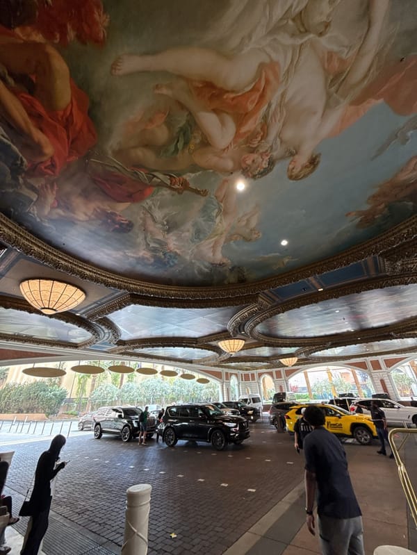 Renaissance-style ceiling fresco spotted at Las Vegas building entrance