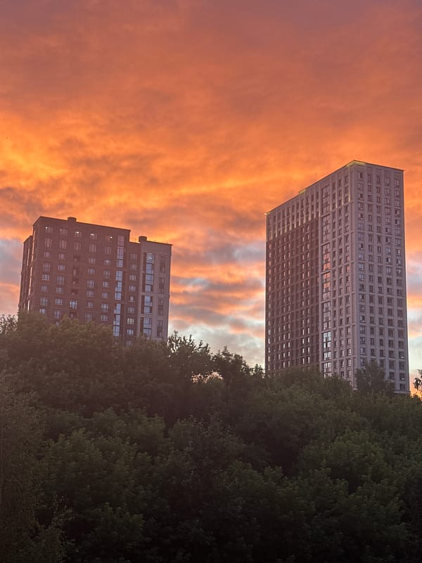 Novosibirsk apartment towers under a blazing summer sunset