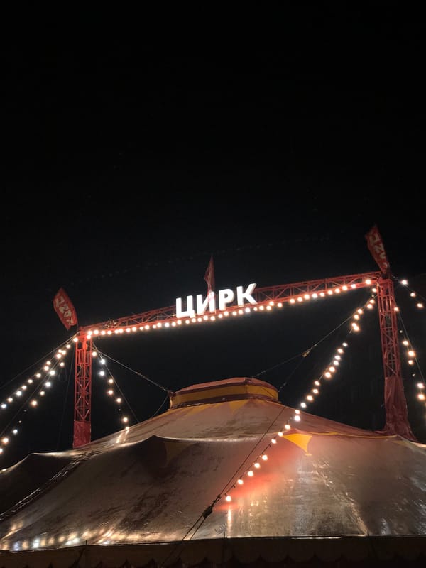 Circus night in Petropavlovsk-Kamchatsky, lights and wet streets
