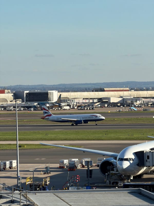 Aerial view captures Heathrow Airport operations under clear skies