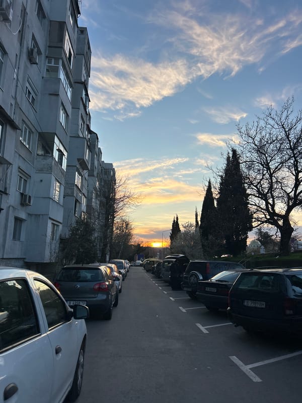 Evening parking scene captured on Varna street at sunset