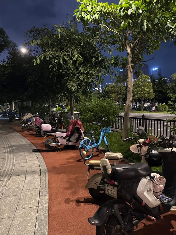 Nighttime stroll through a lit park in Haizhu District