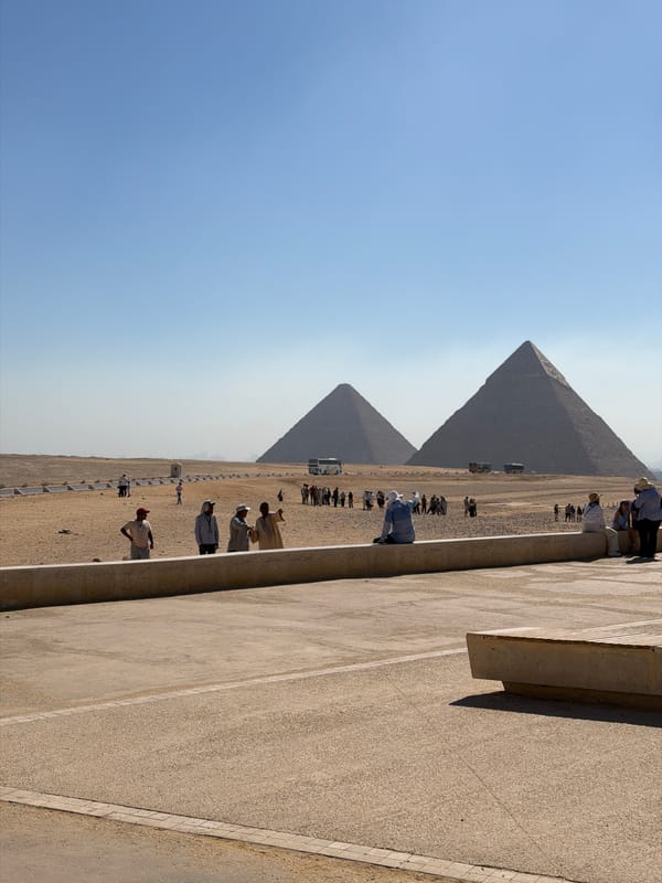 Tourists gather at the Giza Pyramids on a summer morning.