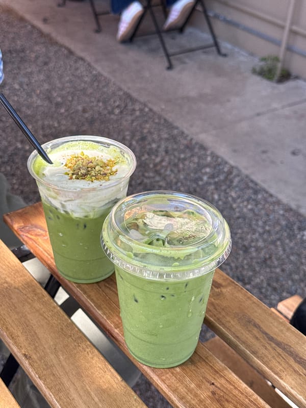 Outdoor dining captured in Chula Vista with matcha drinks