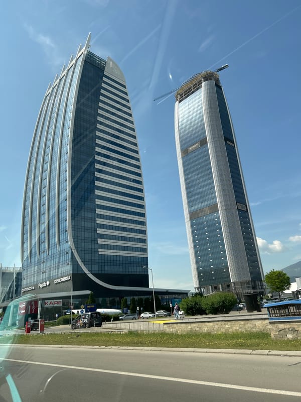 Modern skyscrapers documented in Sofia under clear morning sky