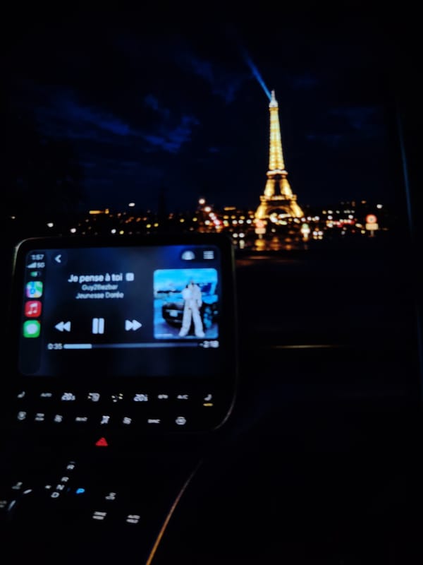 Eiffel Tower glowing at night, seen from ground and air