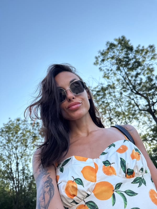 Outdoor selfies in a patterned dress, Pleven, Bulgaria