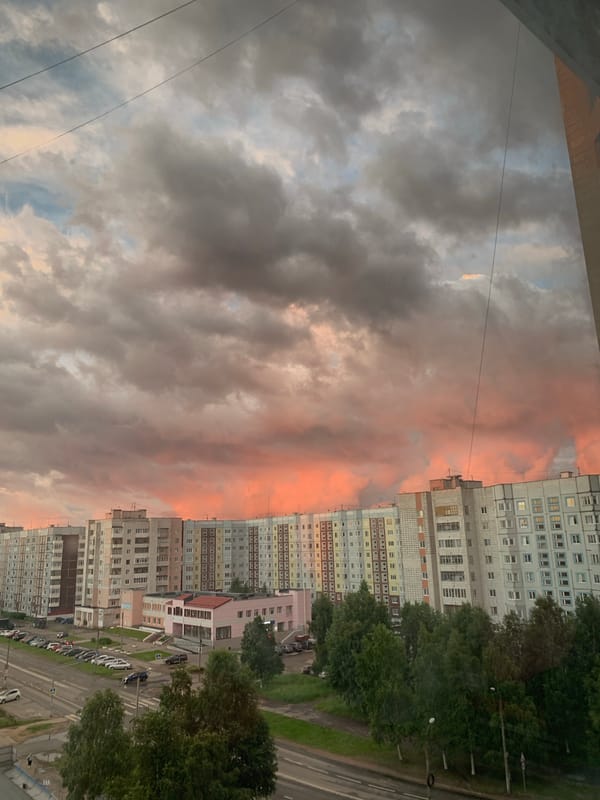 Severodvinsk skyline at sunset on midsummer evening
