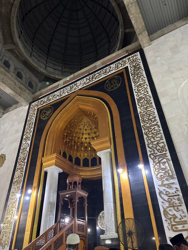 Baiturrahman Grand Mosque documented in evening lighting, Lhokseumawe