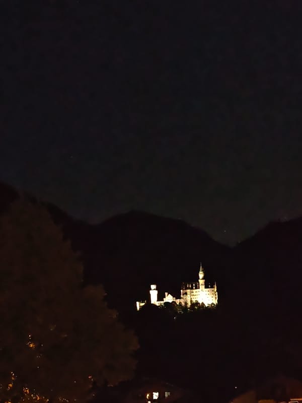 Neuschwanstein Castle glowing against dark mountain silhouettes at night