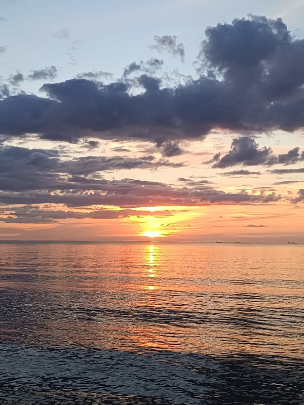 Sunset over calm water, with coastal paths nearby