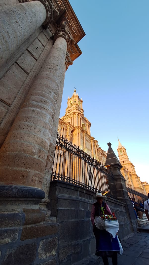 Cathedral photographed against clear sky in Arequipa, Peru