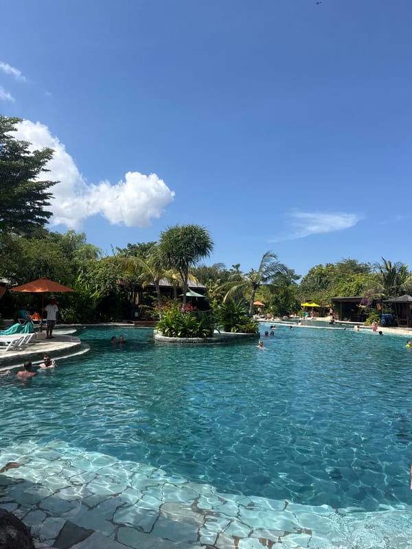 Clear skies over tropical resort scene in Kuta
