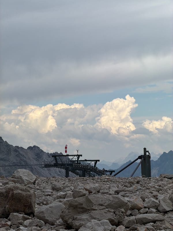 Ski lift and rocky alpine terrain under cloudy skies, Garmisch-Partenkirchen