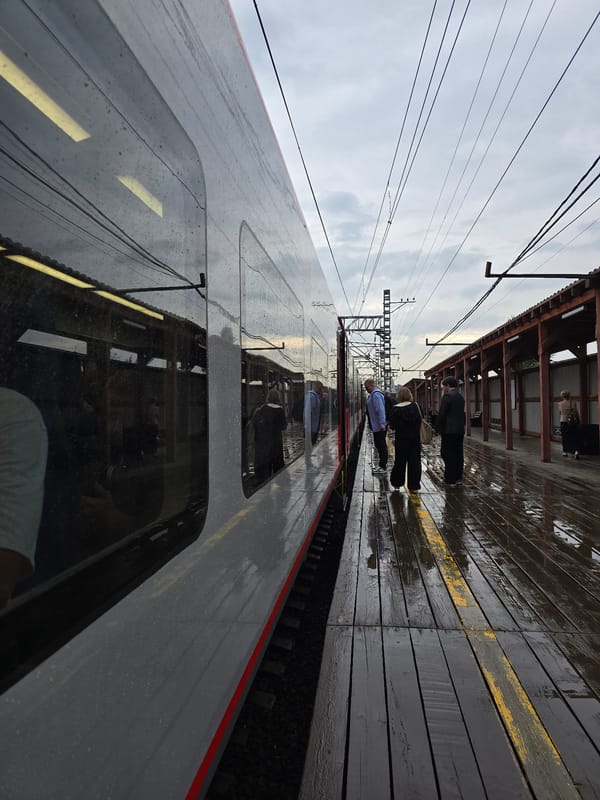 Rainy morning at Khimki train station, July 2026