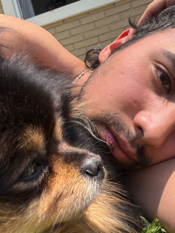 Man poses with Pomeranian dog in sunny Cuautla photo