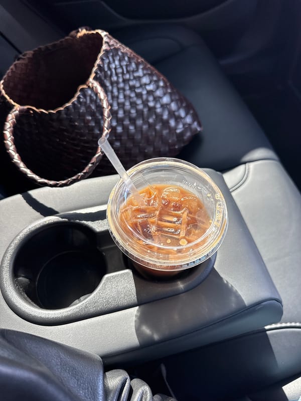 Vehicle interior with iced coffee documented in Los Angeles