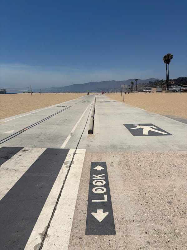Santa Monica beach path with pedestrian crossing documented