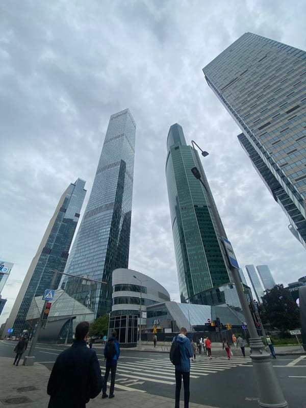 Modern glass towers rise under cloudy skies in Khimki