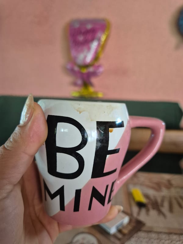 Woman's morning coffee routine documented with household items