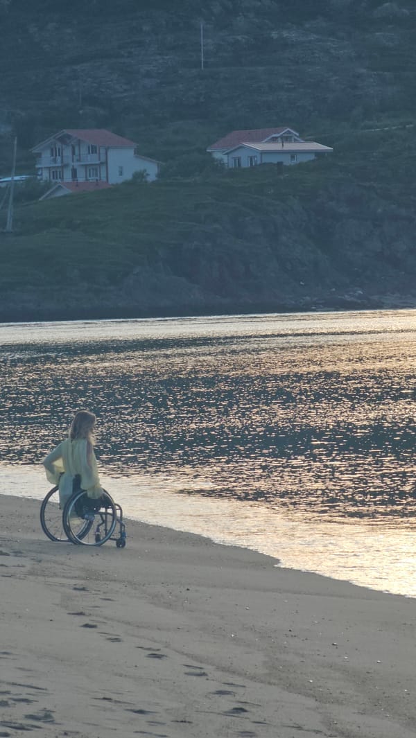 Overcast coastal scene: beached ship, wheelchair at shoreline, distant islands